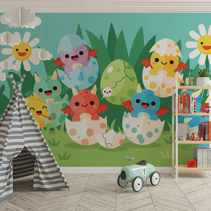 Papier peint chambre enfant | Drôles de dragons sortant de leurs œufs dans un jardin en fleurs