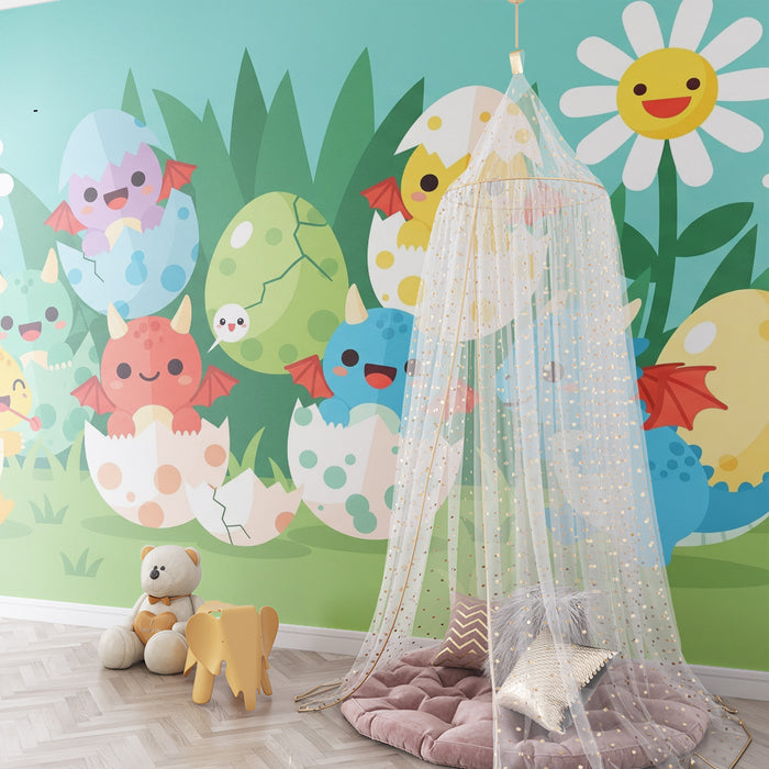 Papier peint chambre enfant | Drôles de dragons sortant de leurs œufs dans un jardin en fleurs