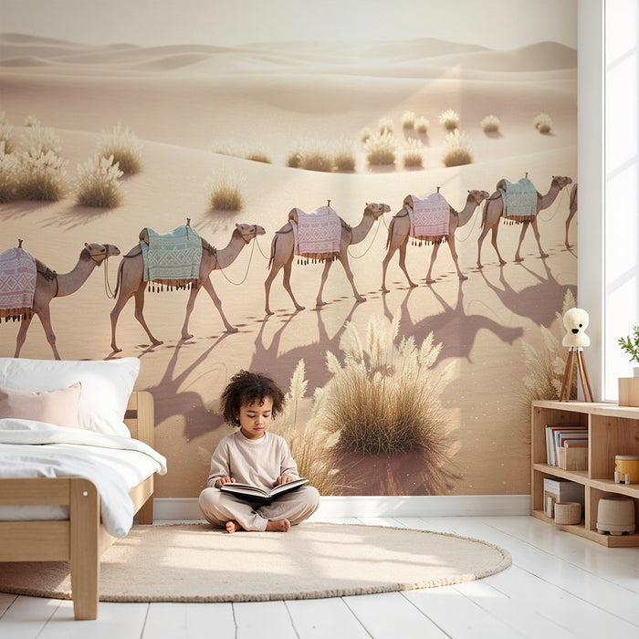 Kinderzimmer Tapete | Bunte Kamele in der goldenen Wüste