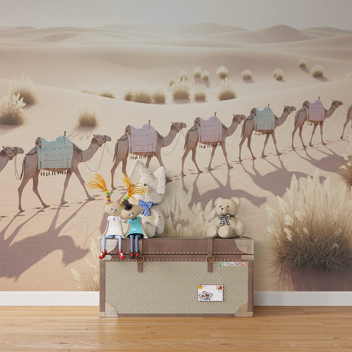 Kinderzimmer Tapete | Bunte Kamele in der goldenen Wüste