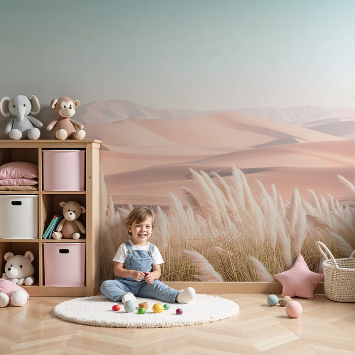 Kids room wallpaper | Sand dunes and pampas grass under a pastel sky