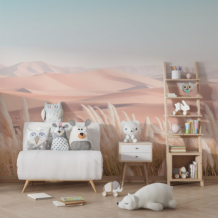 Kids room wallpaper | Sand dunes and pampas grass under a pastel sky