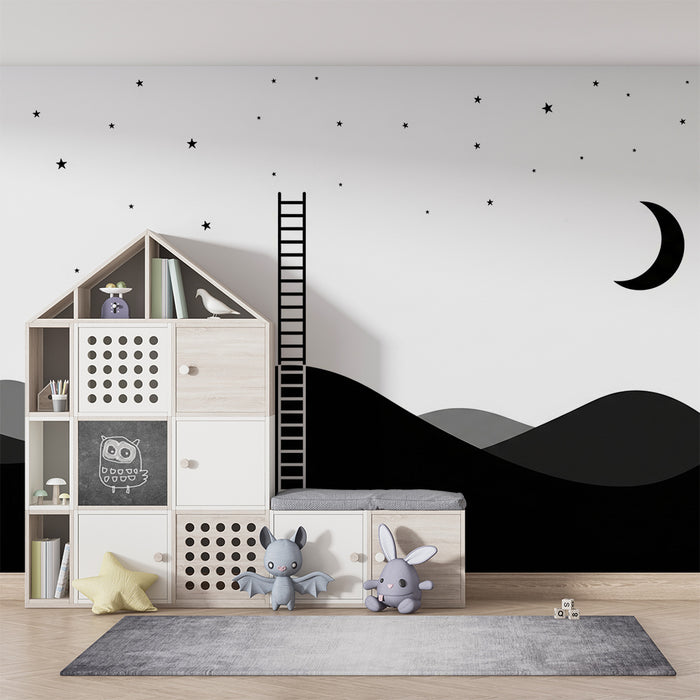 Børneværelse tapet | Stige mod stjernerne og minimalistisk naturlandskab
