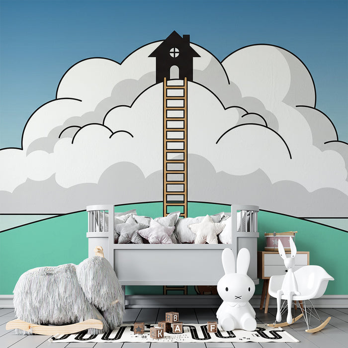 Kinderzimmer-Tapete | Leiter zu einer Wolke mit süßem Rentier