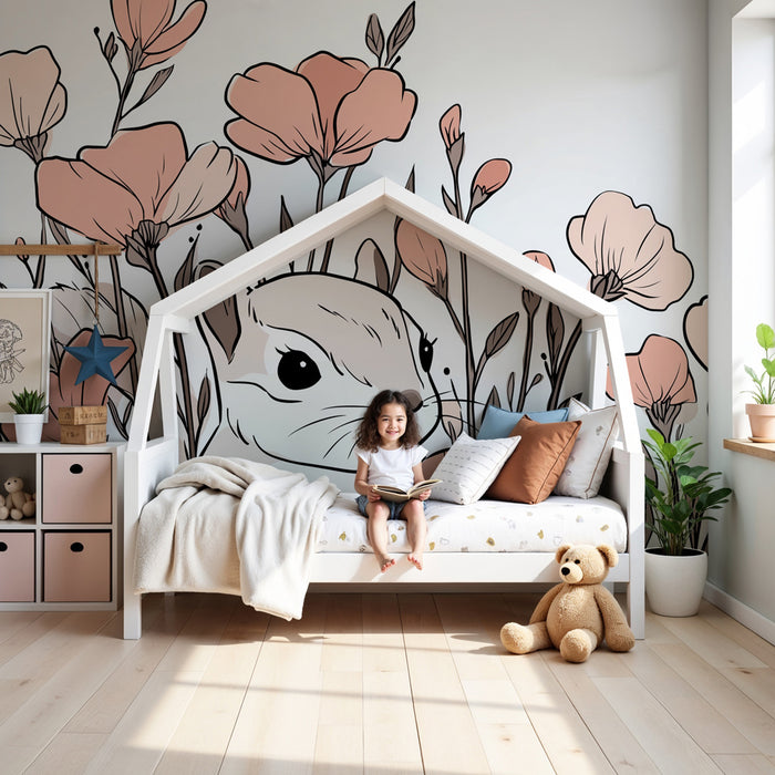 Papier peint chambre enfant | Écureuil au milieu des fleurs