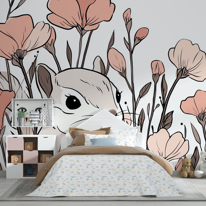 Papier peint chambre enfant | Écureuil au milieu des fleurs