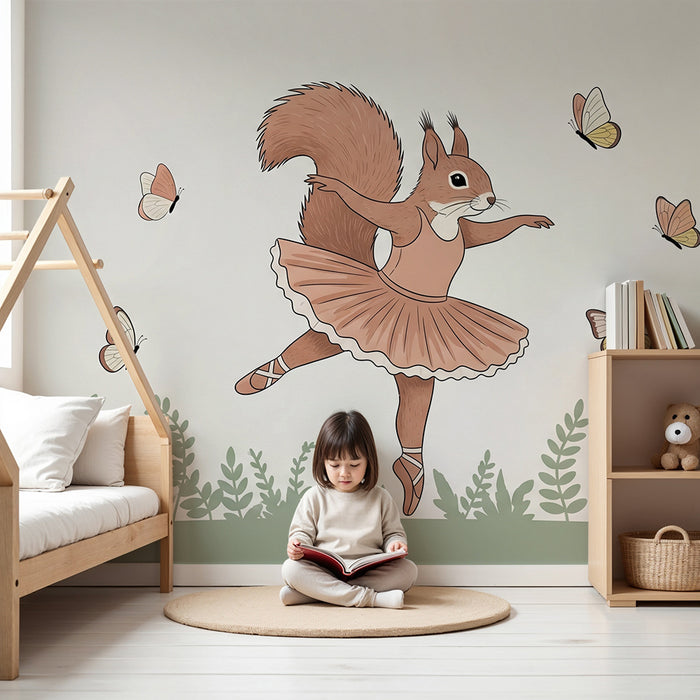 Kids room wallpaper | Ballerina squirrel and butterflies