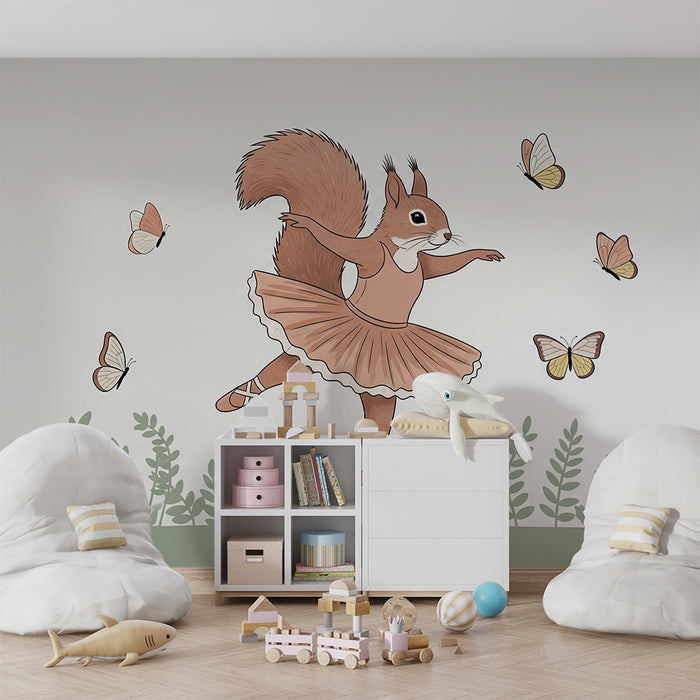 Kids room wallpaper | Ballerina squirrel and butterflies