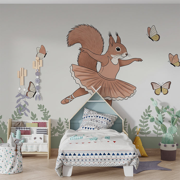 Kids room wallpaper | Ballerina squirrel and butterflies