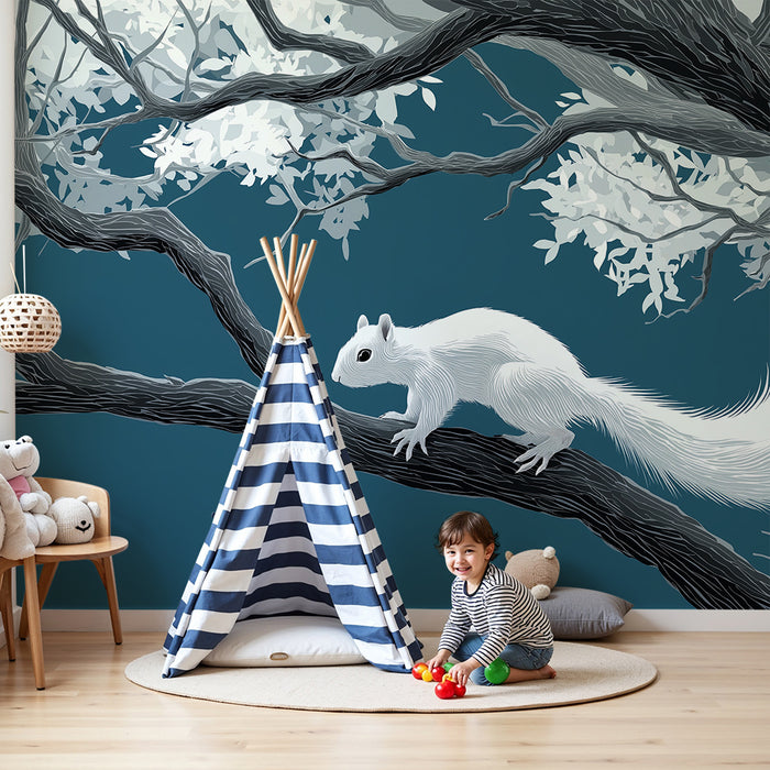 Papier peint chambre enfant | Écureuil blanc sur une branche d'arbre dans un décor apaisant