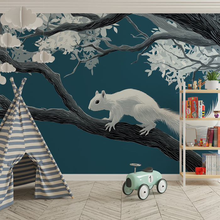 Papier peint chambre enfant | Écureuil blanc sur une branche d'arbre dans un décor apaisant