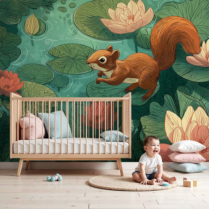 Kids room wallpaper | Curious squirrel in the middle of water lilies and flowers