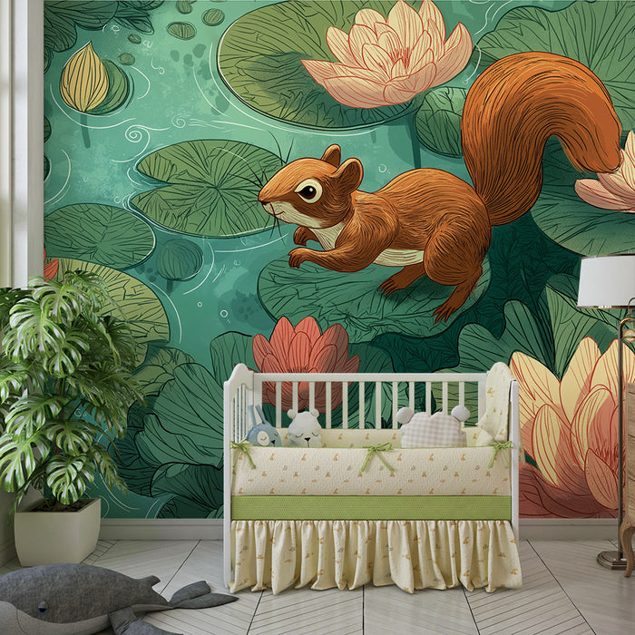 Kids room wallpaper | Curious squirrel in the middle of water lilies and flowers