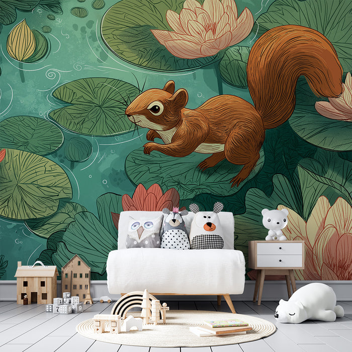Kids room wallpaper | Curious squirrel in the middle of water lilies and flowers