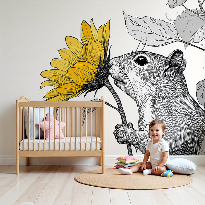 Kids room wallpaper | Curious squirrel and bright sunflower