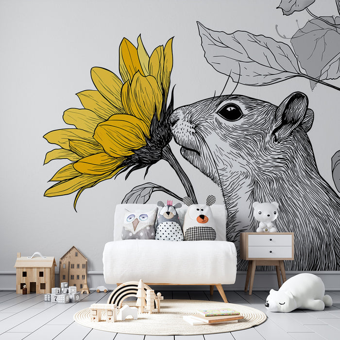 Kids room wallpaper | Curious squirrel and bright sunflower