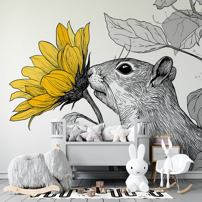 Kids room wallpaper | Curious squirrel and bright sunflower
