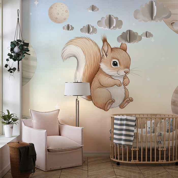 Papel pintado infantil | Ardilla en el espacio