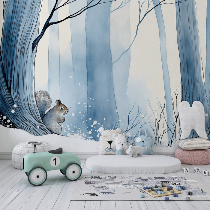 Papel de parede criança | Esquilo na neve na floresta de inverno