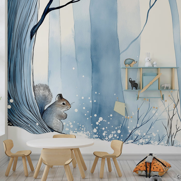 Papel de parede criança | Esquilo na neve na floresta de inverno