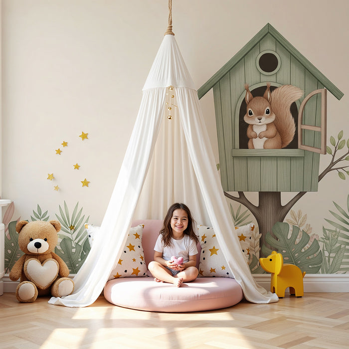 Kinderzimmer Tapete | Eichhörnchen in seiner Hütte