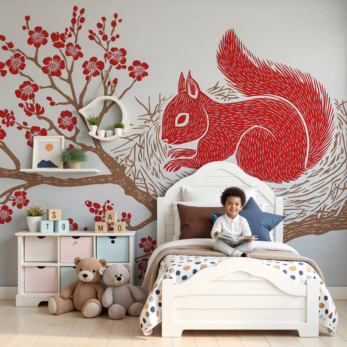 Papier peint chambre enfant | Écureuil dans un nid sous les fleurs