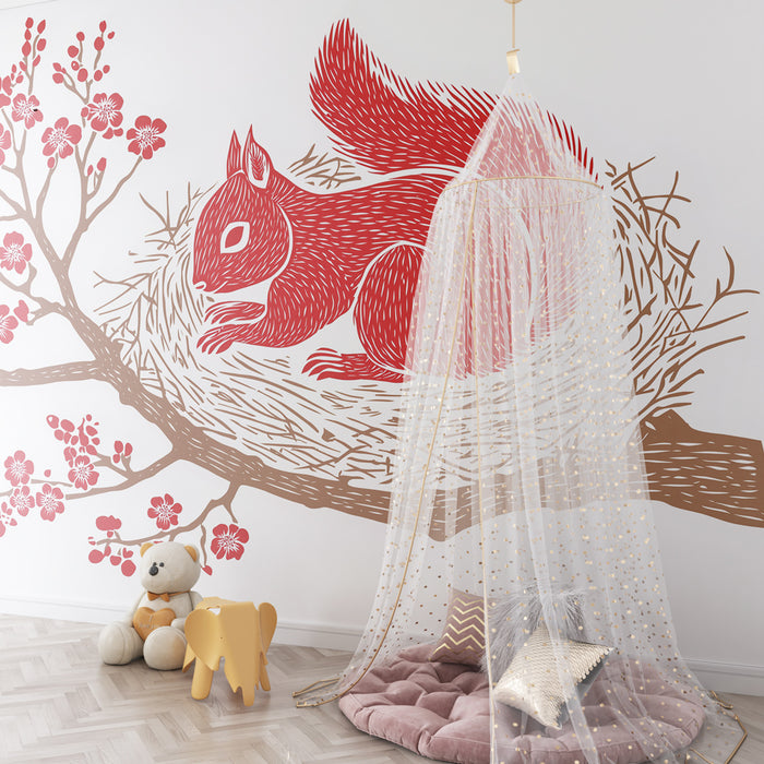 Papier peint chambre enfant | Écureuil dans un nid sous les fleurs
