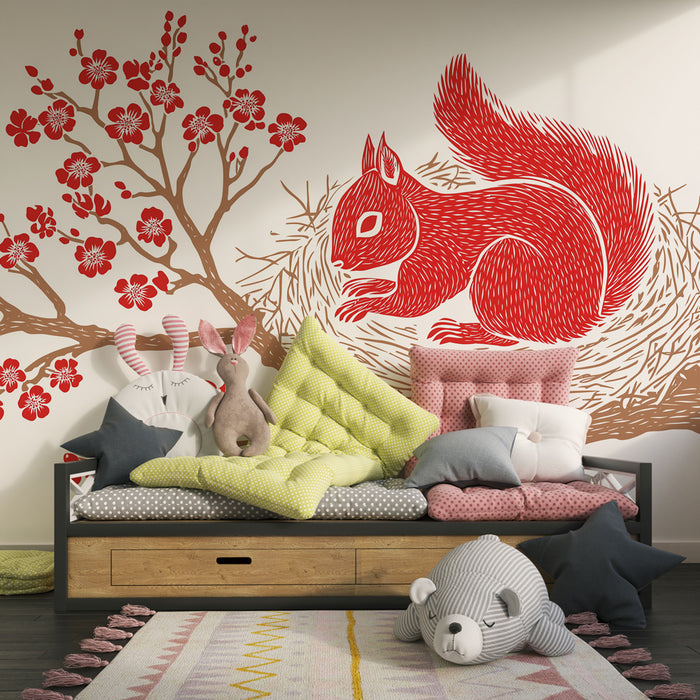 Papier peint chambre enfant | Écureuil dans un nid sous les fleurs