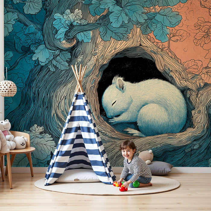Kids room wallpaper | Unine orav unes puus rahustavates värvides