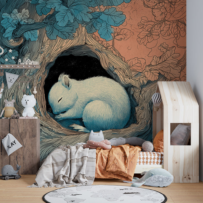 Kids room wallpaper | Unine orav unes puus rahustavates värvides
