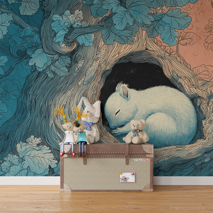 Kids room wallpaper | Unine orav unes puus rahustavates värvides