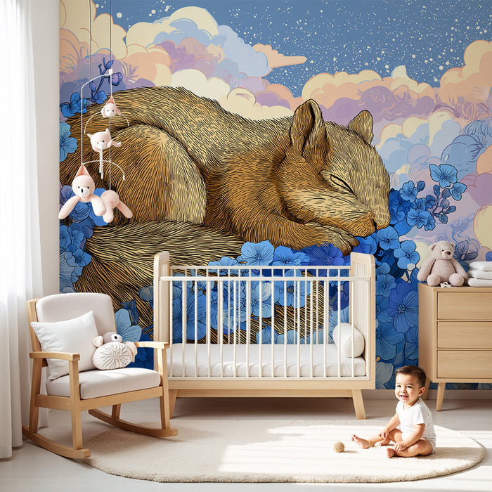 Kids room wallpaper | Sleeping squirrel among blue flowers