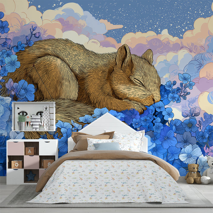 Kids room wallpaper | Sleeping squirrel among blue flowers