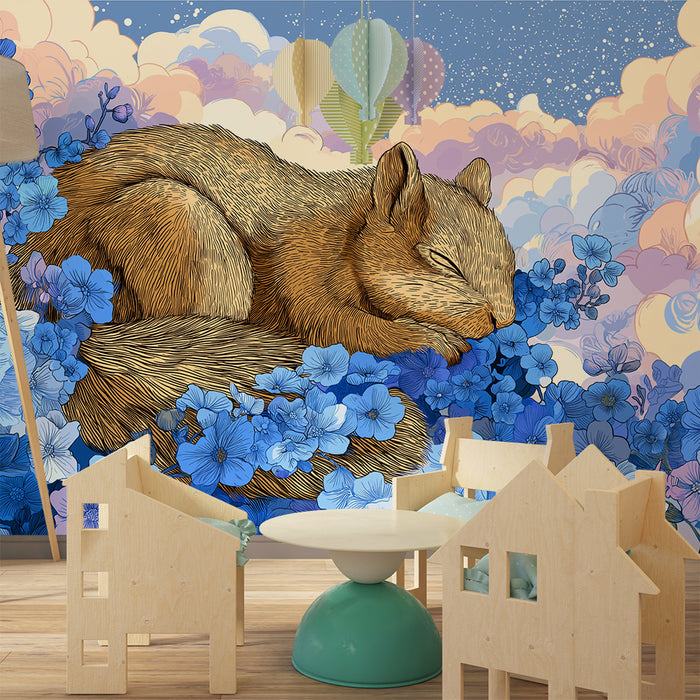 Kids room wallpaper | Sleeping squirrel among blue flowers
