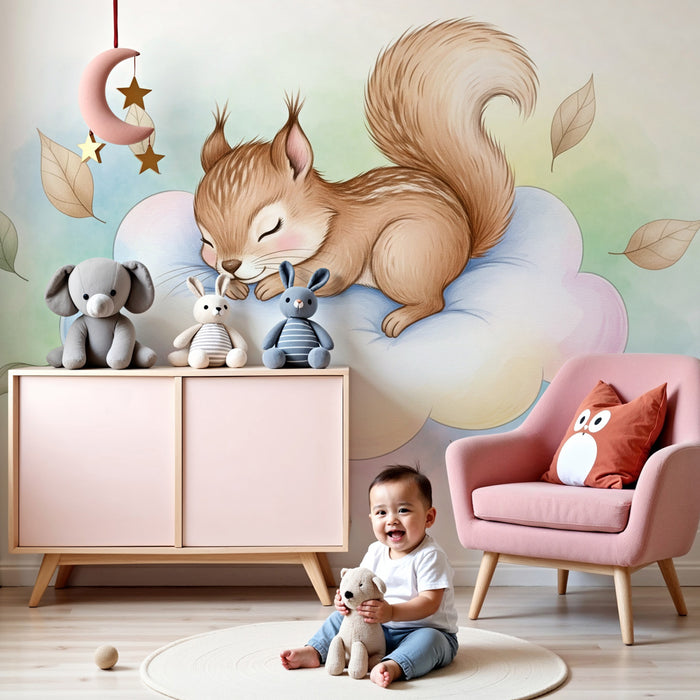 Papier peint chambre enfant | Écureuil endormi sur un nuage
