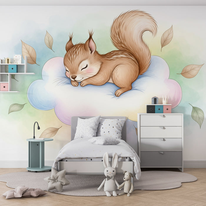 Papier peint chambre enfant | Écureuil endormi sur un nuage
