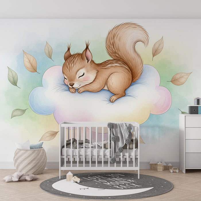Papier peint chambre enfant | Écureuil endormi sur un nuage