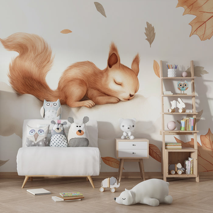 Kinderzimmer Tapete | Schlafendes Eichhörnchen auf einer Herbstwolke