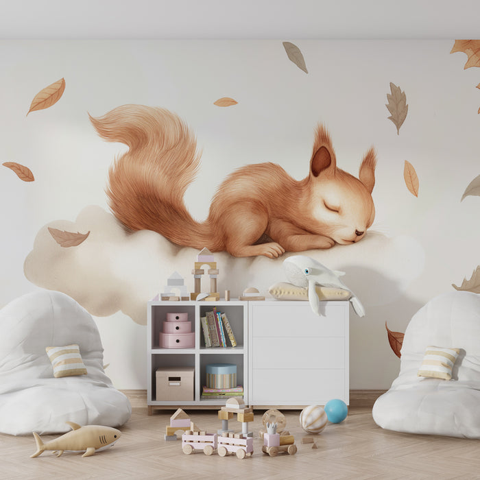 Kinderzimmer Tapete | Schlafendes Eichhörnchen auf einer Herbstwolke