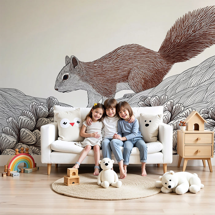 Kids room wallpaper | Playful squirrel in a stylized landscape