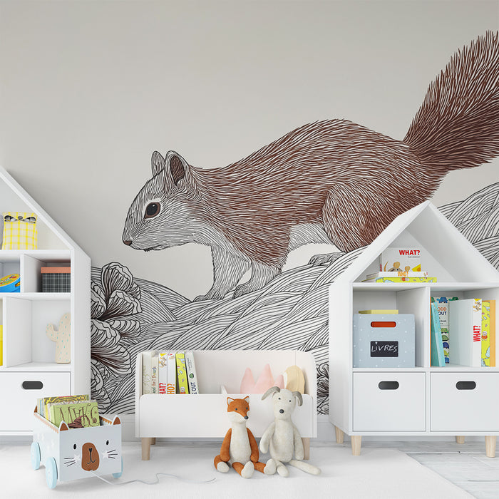 Kids room wallpaper | Playful squirrel in a stylized landscape