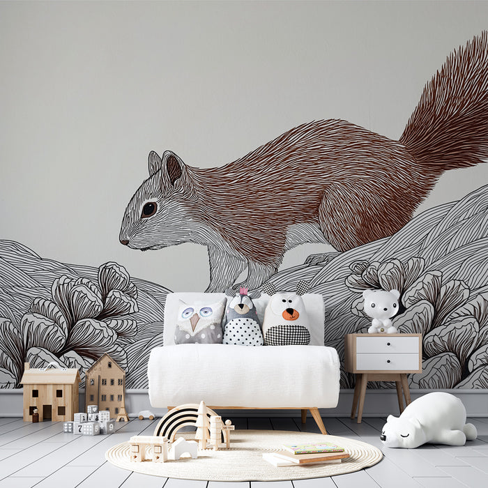 Kids room wallpaper | Playful squirrel in a stylized landscape