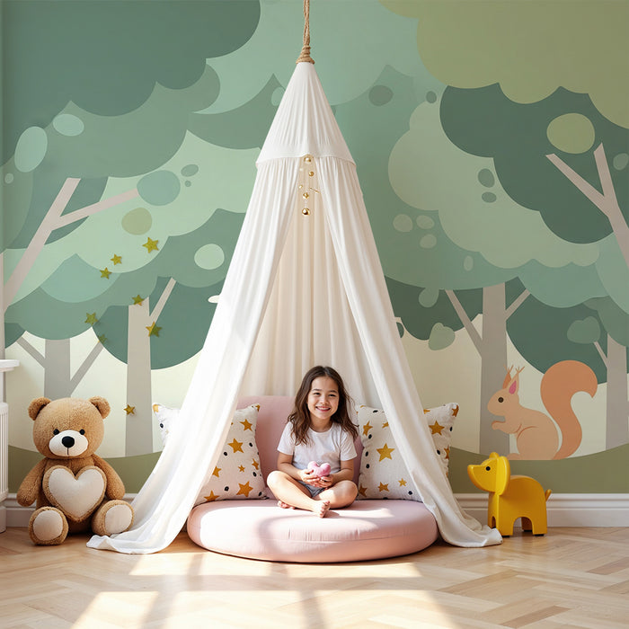 Papel de parede criança | Esquilo travesso em uma floresta suave e calmante