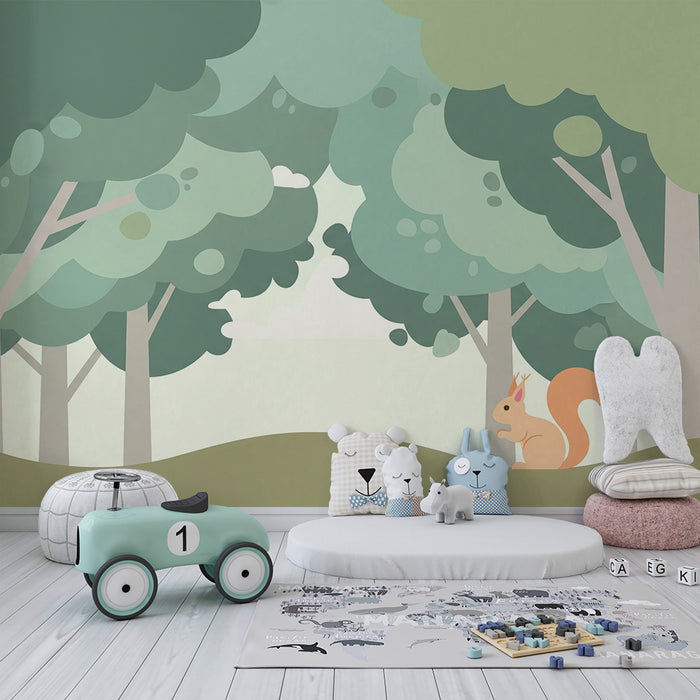 Papel de parede criança | Esquilo travesso em uma floresta suave e calmante