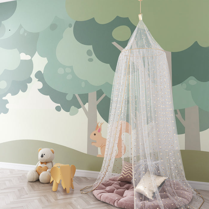 Papel de parede criança | Esquilo travesso em uma floresta suave e calmante