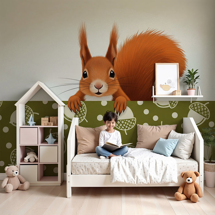 Behang kinderkamer | Speelse eekhoorn en eikels op groene achtergrond