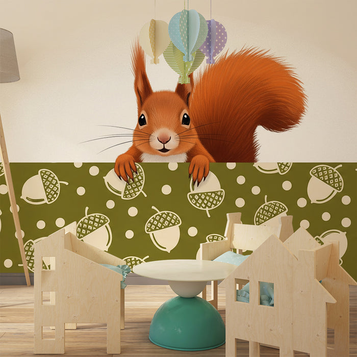 Behang kinderkamer | Speelse eekhoorn en eikels op groene achtergrond