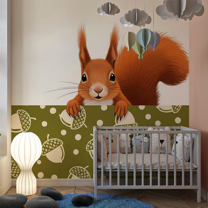 Behang kinderkamer | Speelse eekhoorn en eikels op groene achtergrond