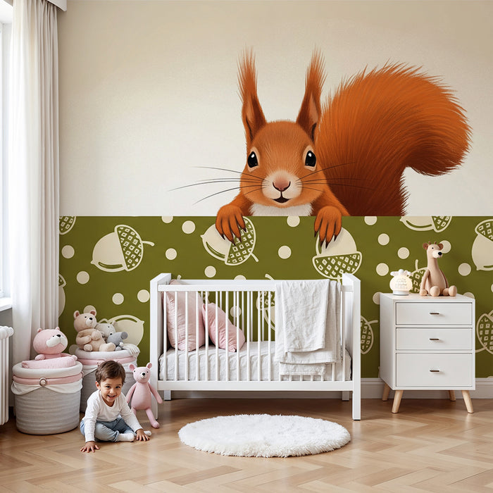 Behang kinderkamer | Speelse eekhoorn en eikels op groene achtergrond