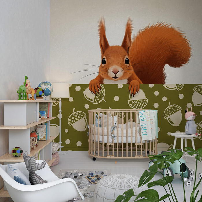 Behang kinderkamer | Speelse eekhoorn en eikels op groene achtergrond
